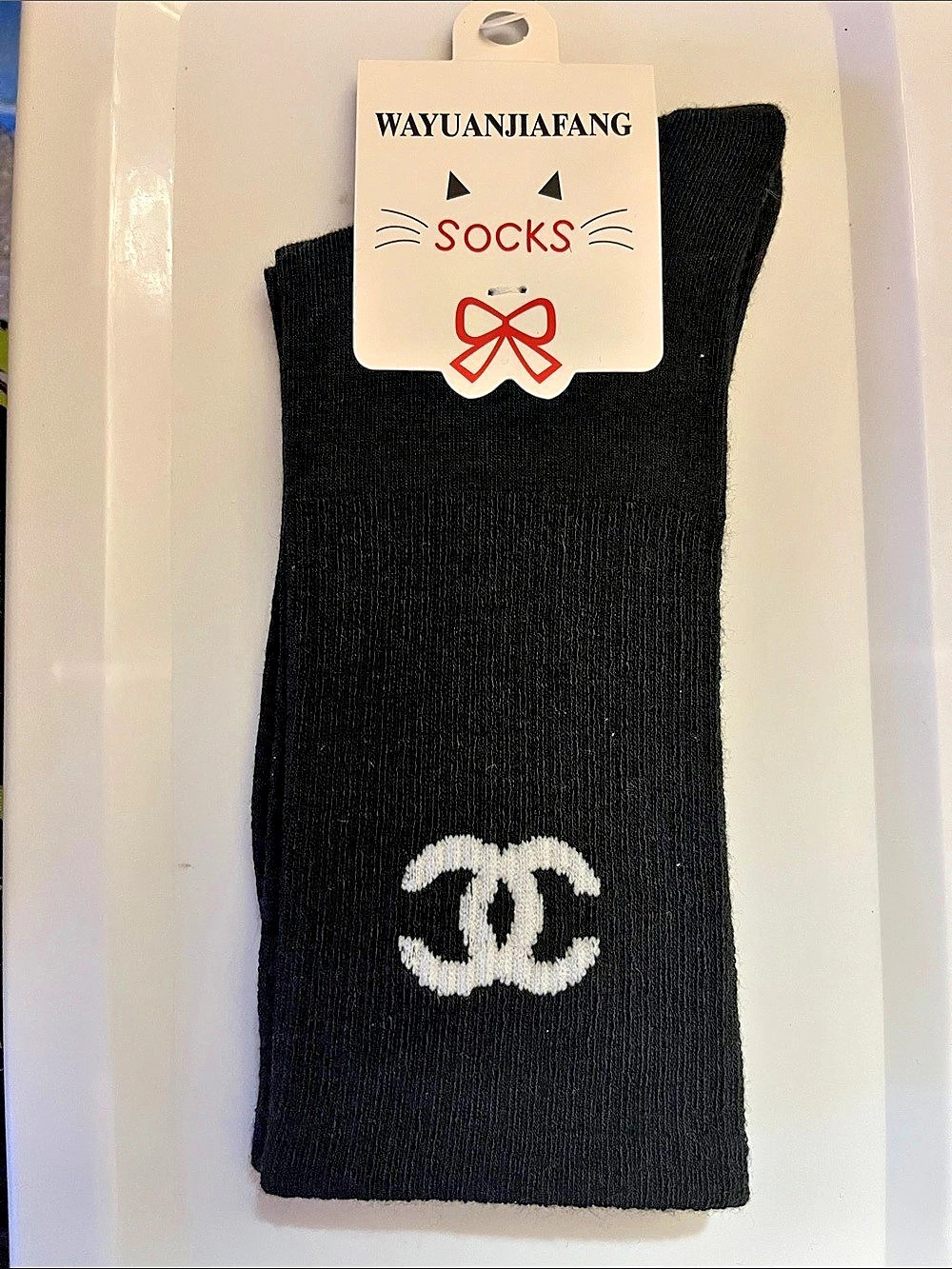 WAYUANJIAFANG Black Novelty Socks with Embroidered Interlocking CC Logo